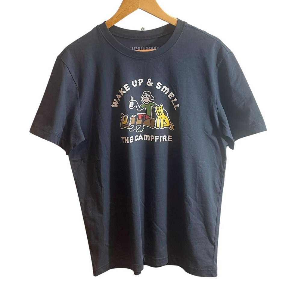 Life Is Good Shirt Mens Medium Blue Jake & Rocket Campfire Camping Graphic Tee